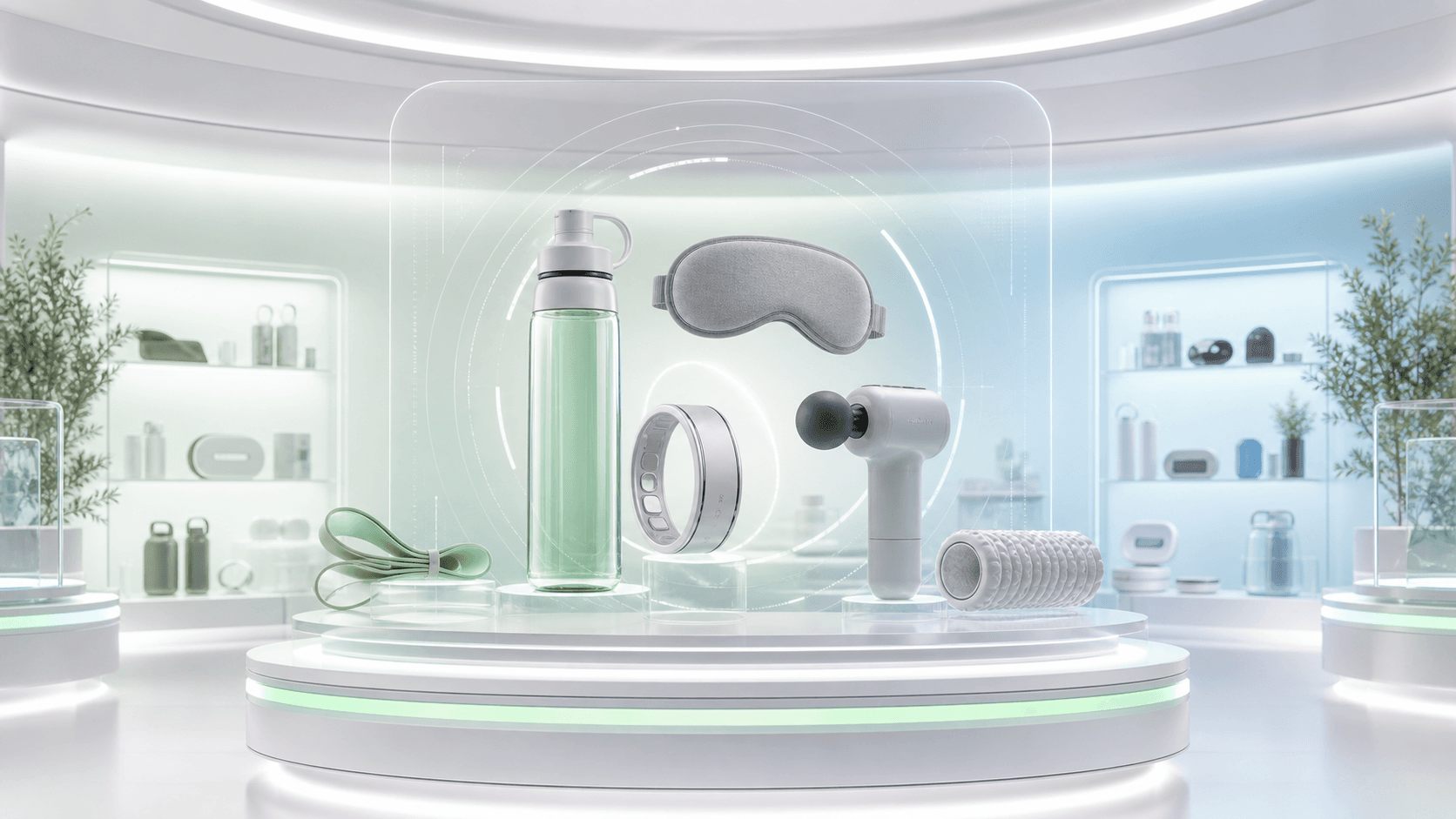 Futuristic WellnessBoostAI product interface with wellness products and glowing AI rings