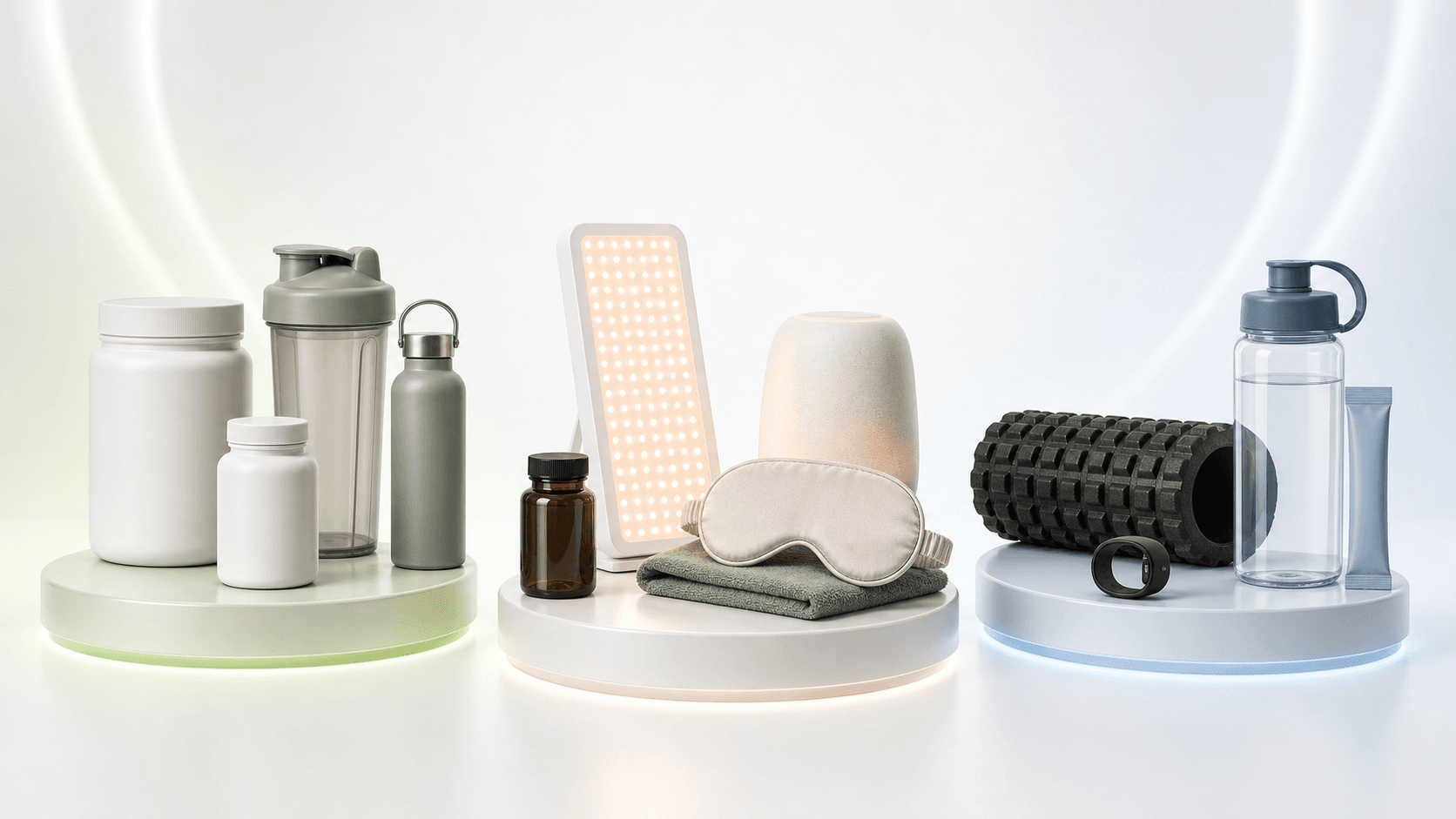 Premium studio graphic showing three unbranded wellness product bundles for daily basics, sleep, and recovery